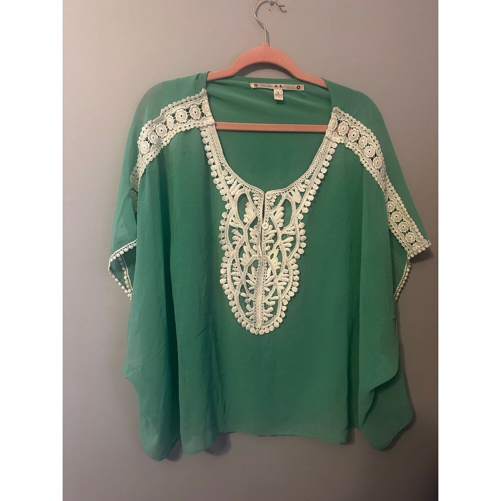 Chelsea & Violet Green Crochet Trim Boho Blouse Women’s Large Flowy Tunic Top